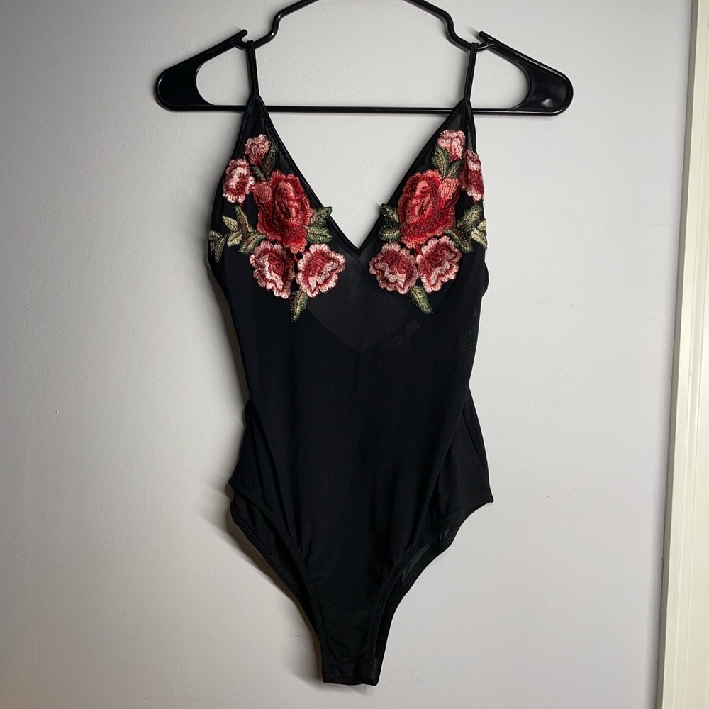 Mesh bodysuit with rose embroidered appliqués